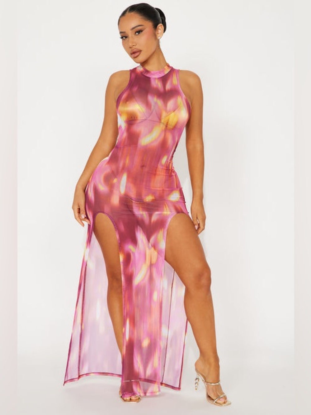Sleeveless Pink Marble High-Slit Maxi Dress
